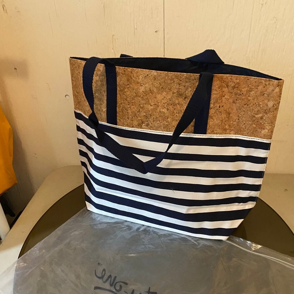 Nautical Striped Tote with Cork Accent – Beach or Market Bag